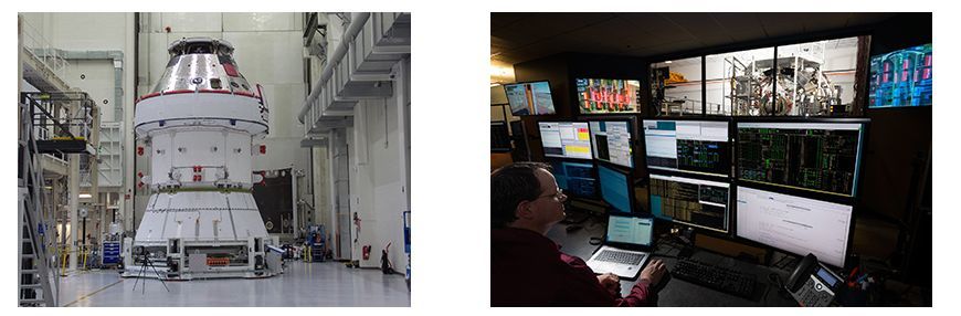 Lockheed Martinが開発中の有人宇宙船「Orion」（左）とOrionから収集したデータを分析する様子（右）